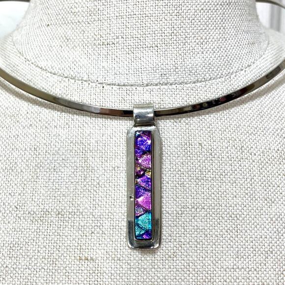Silver Pendant Necklace with Multicolor Inlay - Picture 2 of 6